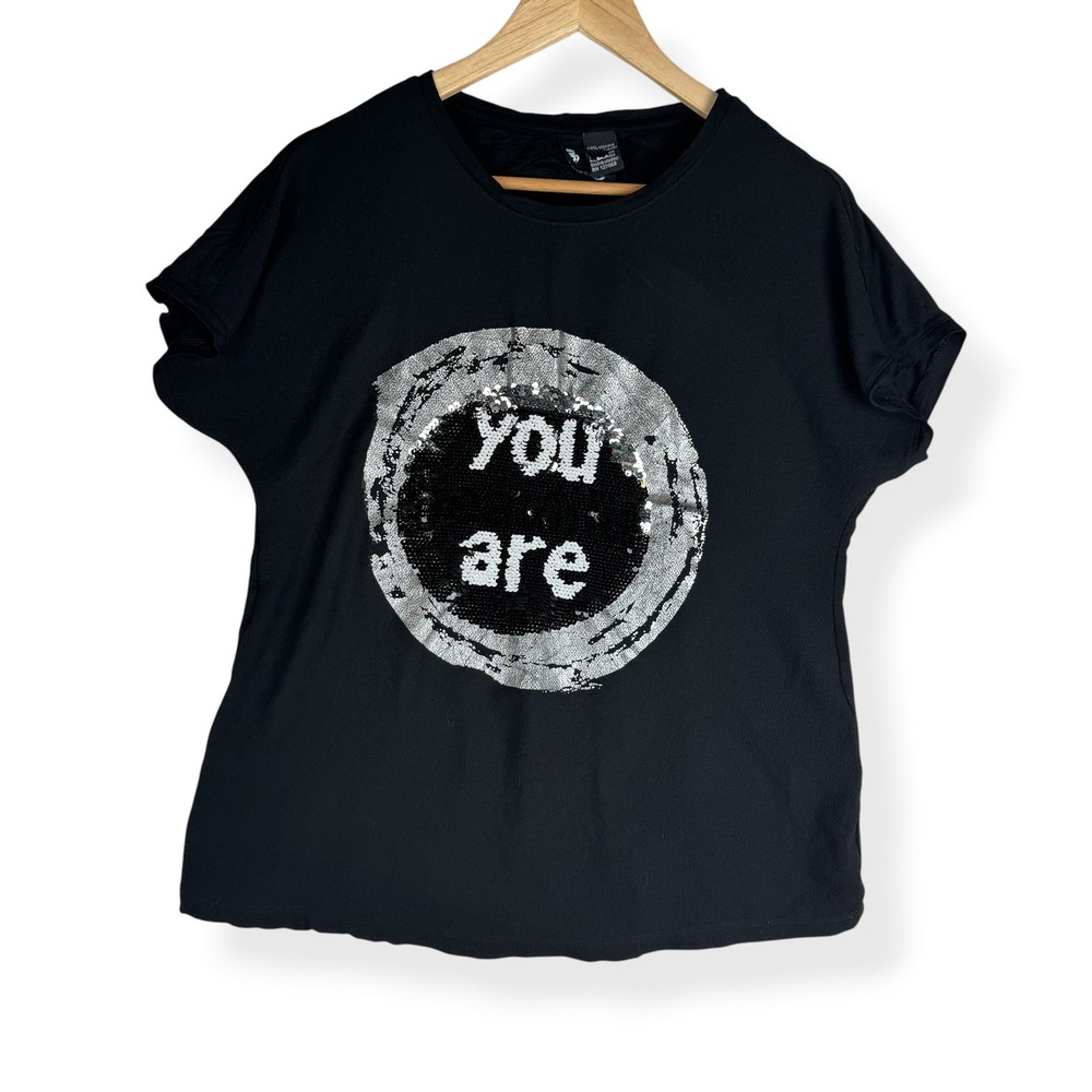 Desigual T Shirt Womens Size Large Black Sequin Graphic Top Artsy Streetwear